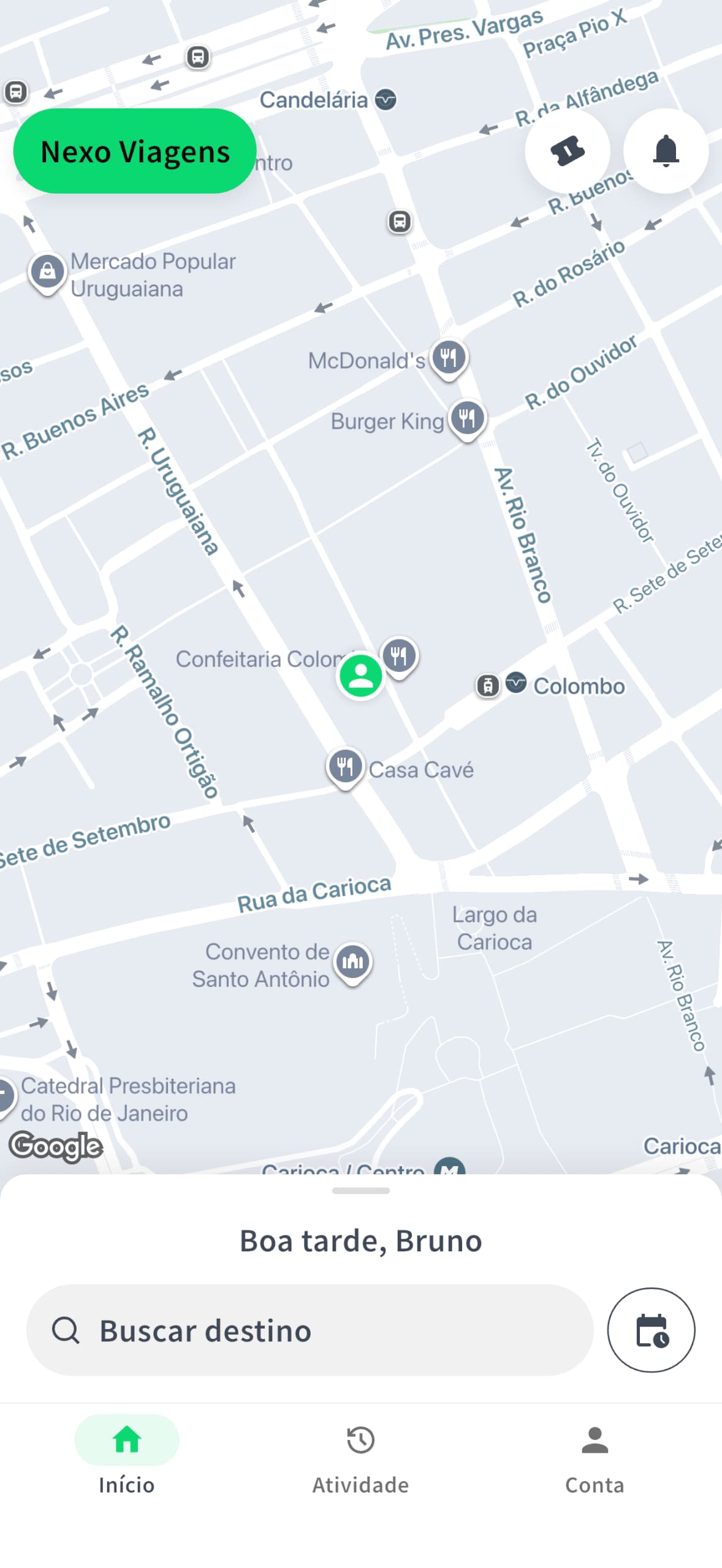 Tela 1 do aplicativo Nexo Viagens para passageiros